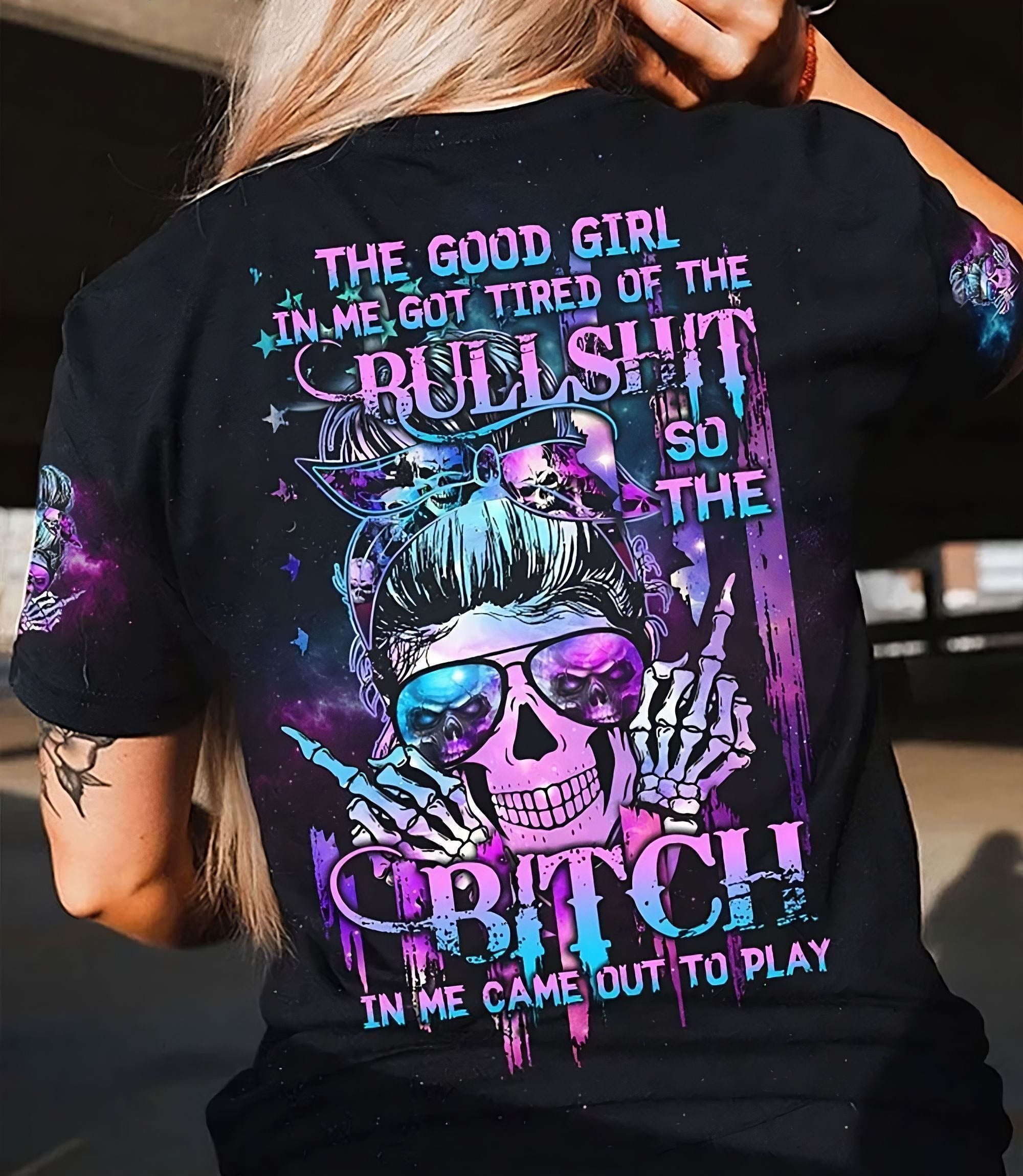 The Good Girl In Me Galaxy Messy Bun Skull T Shirt