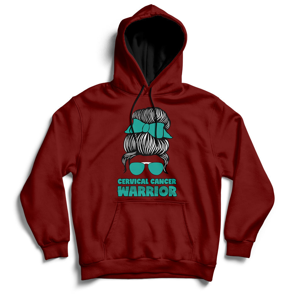Cervical Cancer Warrior Messy Bun Teal Ribbon Hoodie - Wonder Print Shop