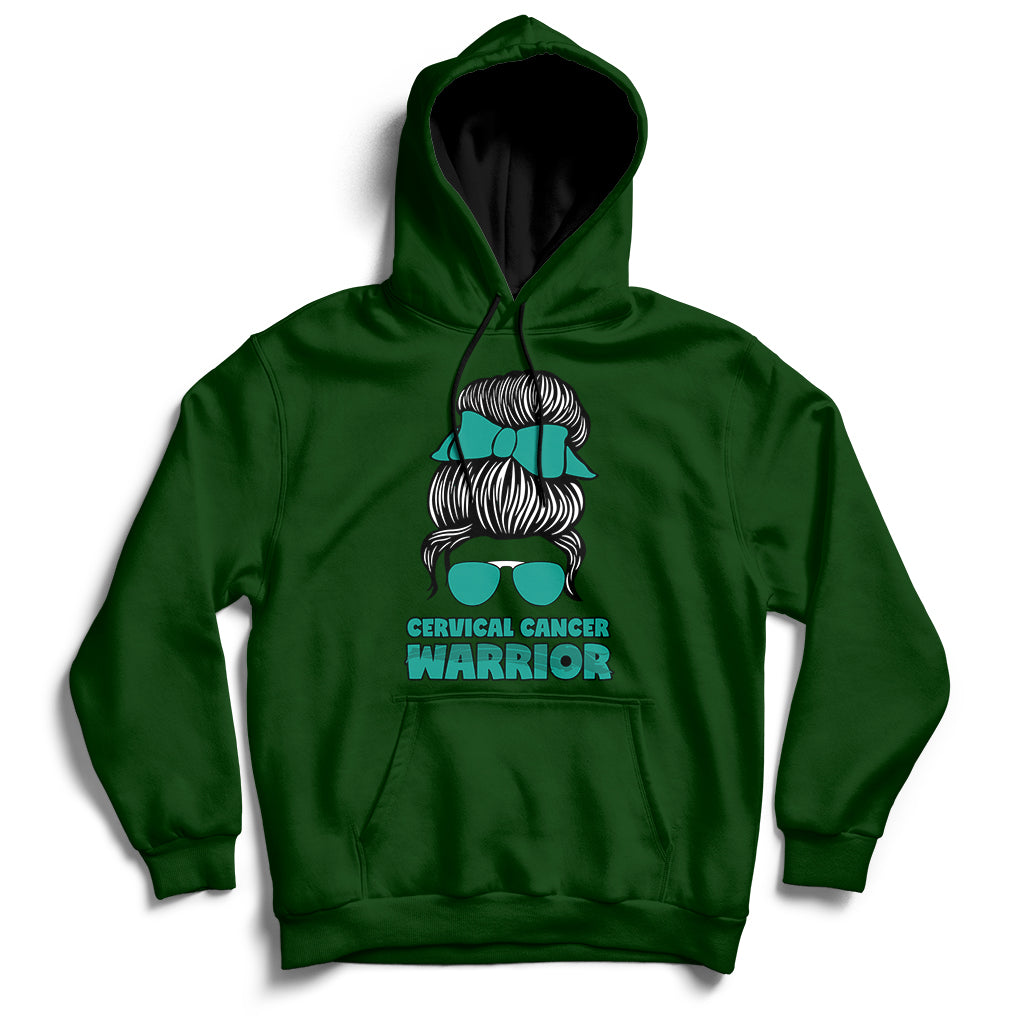 Cervical Cancer Warrior Messy Bun Teal Ribbon Hoodie - Wonder Print Shop