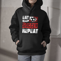 Black soccer hoodie with Eat Sleep Soccer Repeat graphic and kangaroo pocket