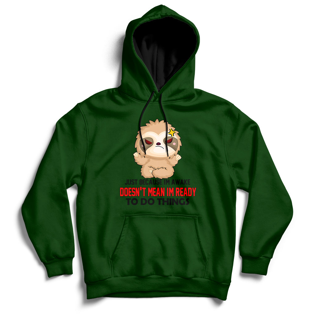 Forest green hoodie with front character graphic and slogan print on the chest.