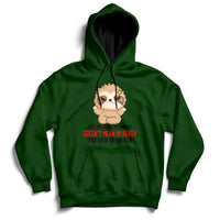 Forest green hoodie with front character graphic and slogan print on the chest.