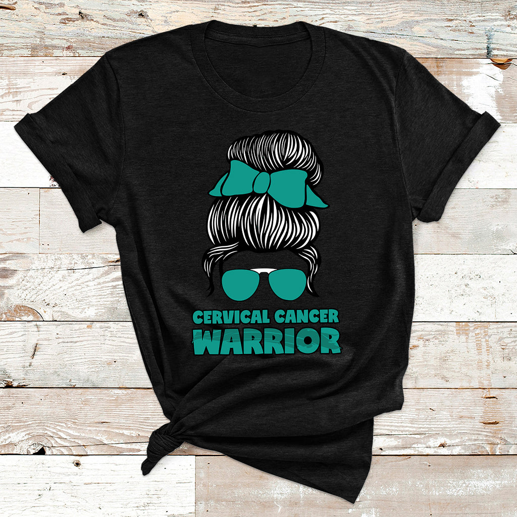 Cervical Cancer Warrior Messy Bun Teal Ribbon T Shirt - Wonder Print Shop