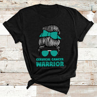 Cervical Cancer Warrior Messy Bun Teal Ribbon T Shirt - Wonder Print Shop