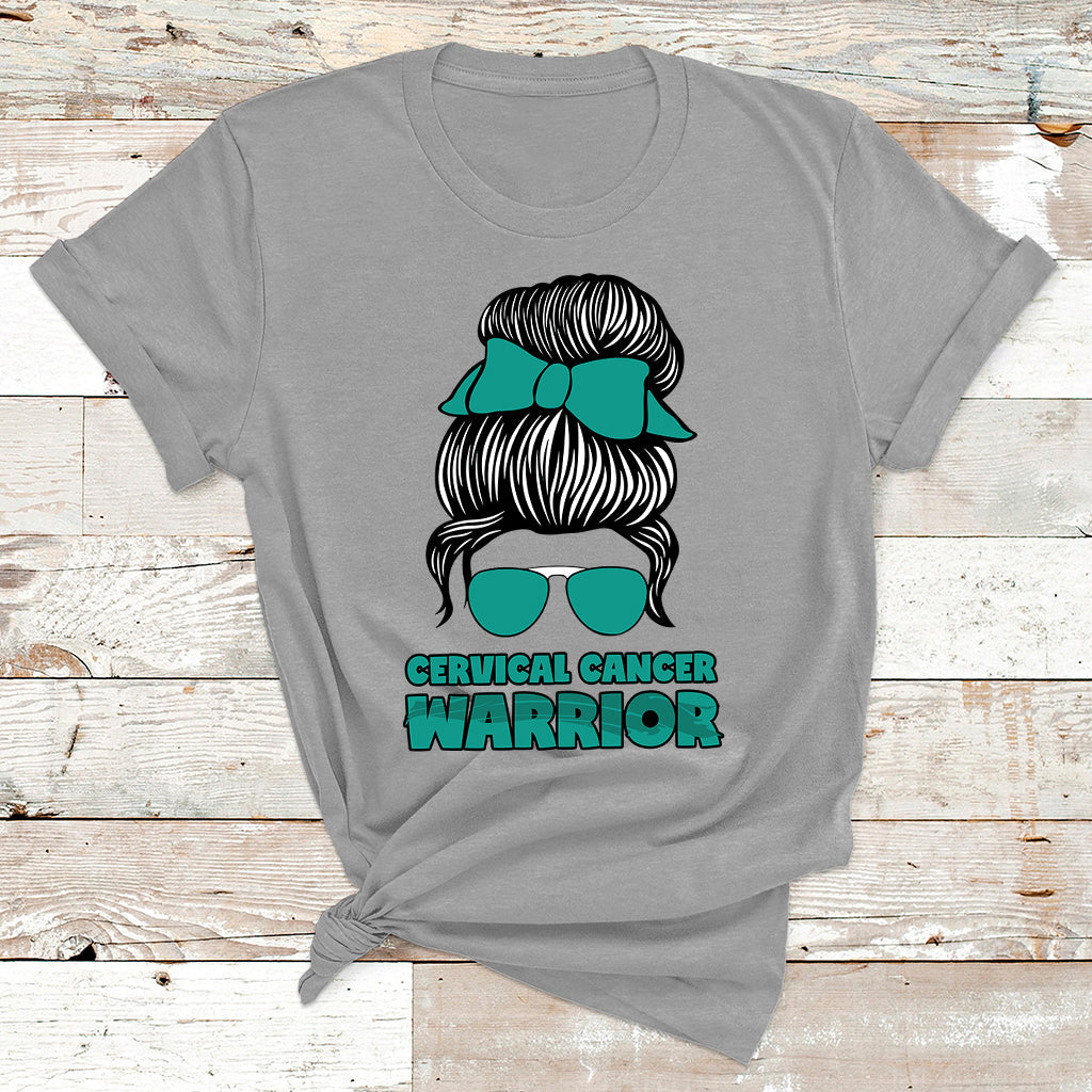 Cervical Cancer Warrior Messy Bun Teal Ribbon T Shirt - Wonder Print Shop