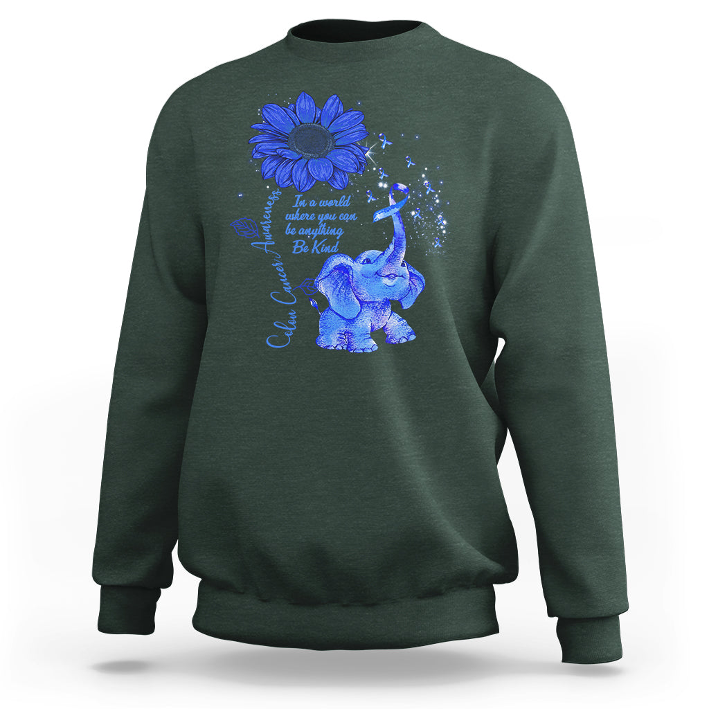 Colon Cancer Awareness CRC Sunflower Elephant Blue Ribbon Be Kind Sweatshirt - Wonder Print Shop