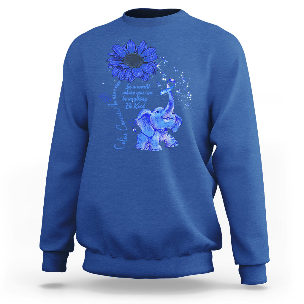 Colon Cancer Awareness CRC Sunflower Elephant Blue Ribbon Be Kind Sweatshirt - Wonder Print Shop