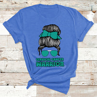 Cervical Cancer Warrior Messy Bun Teal Ribbon T Shirt - Wonder Print Shop