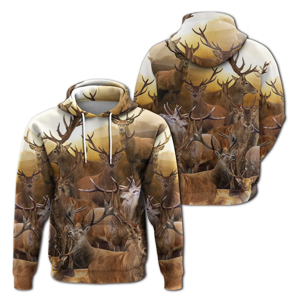 Deer graphic pullover hoodie in cream with all-over buck and antler print