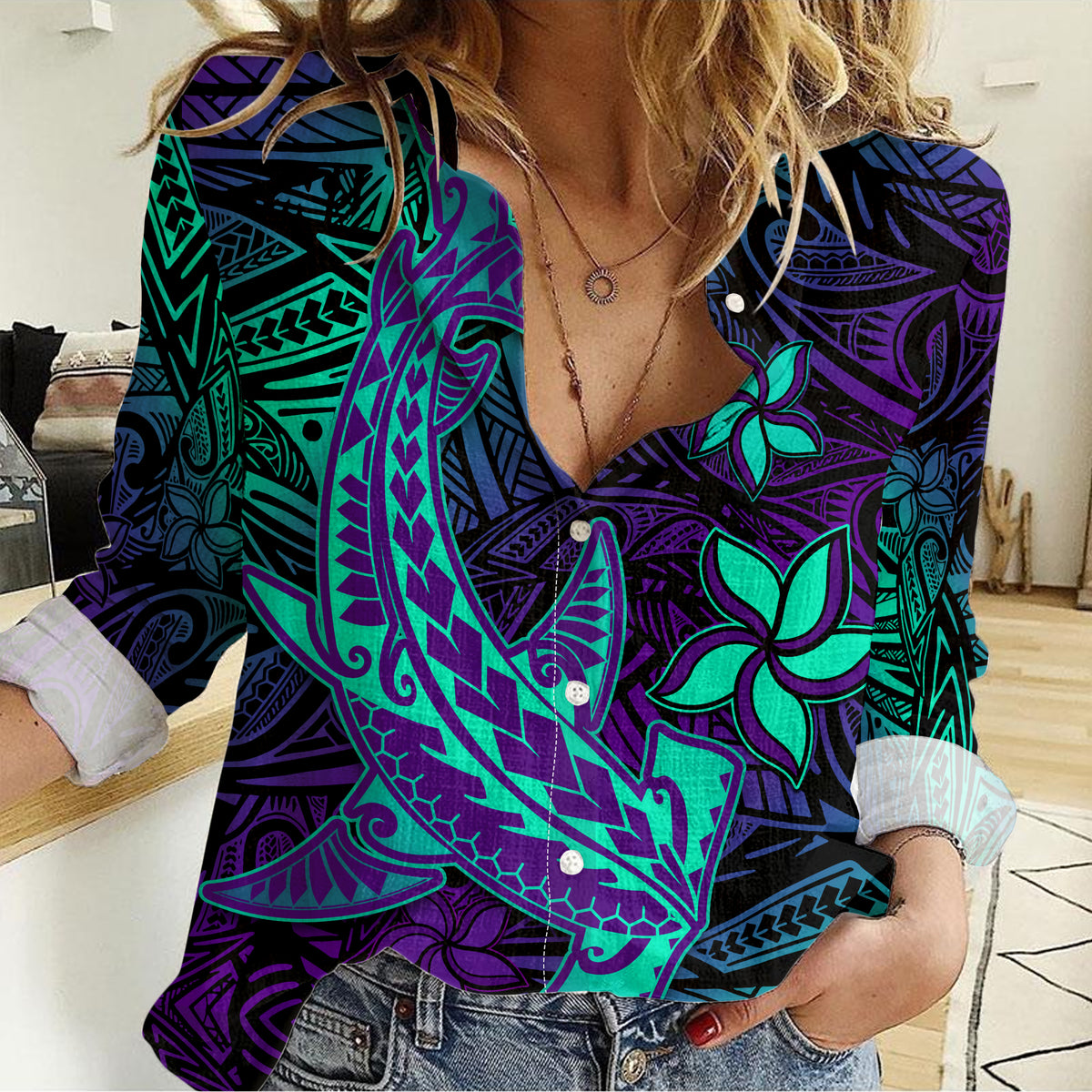 Custom Personalised Polynesian Women Casual Shirt Purple Paradise Hawaiian Tribal Hammerhead Shark - Wonder Print Shop