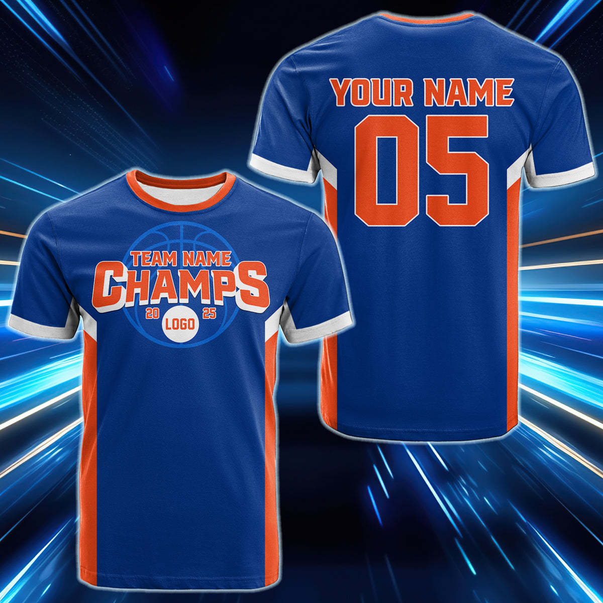 Custom 2025 Basketball Champions Royal Blue Orange T Shirt CTM05