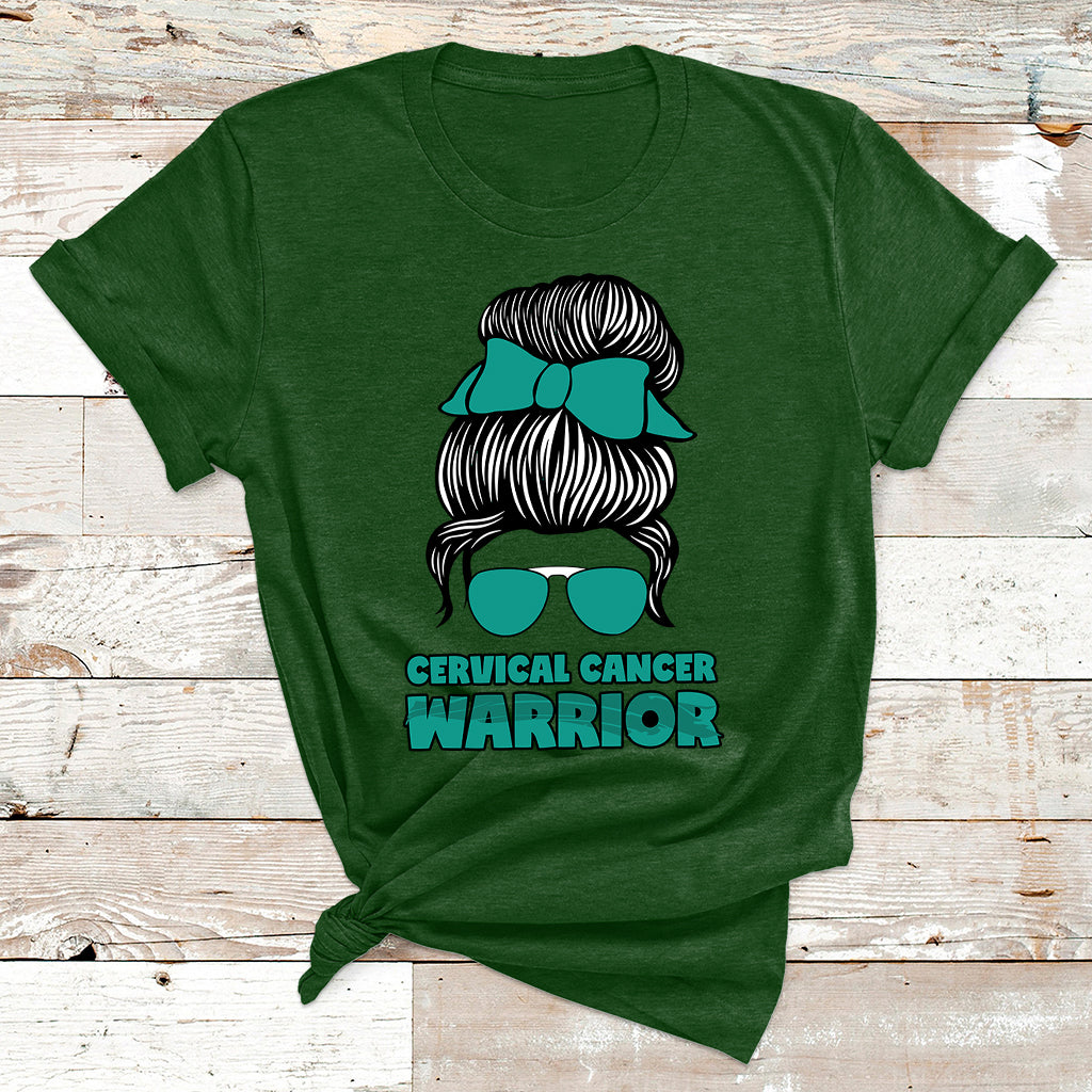 Cervical Cancer Warrior Messy Bun Teal Ribbon T Shirt - Wonder Print Shop