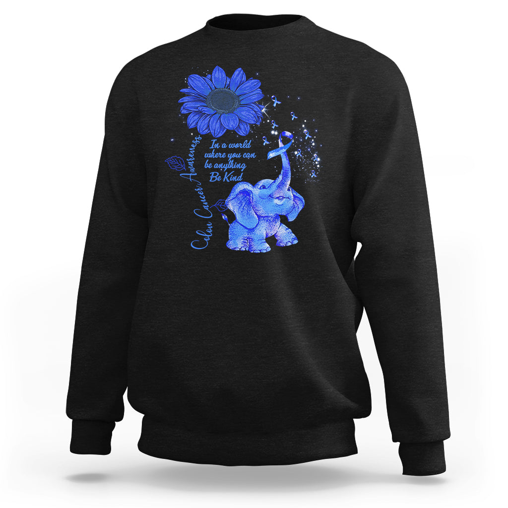 Colon Cancer Awareness CRC Sunflower Elephant Blue Ribbon Be Kind Sweatshirt - Wonder Print Shop