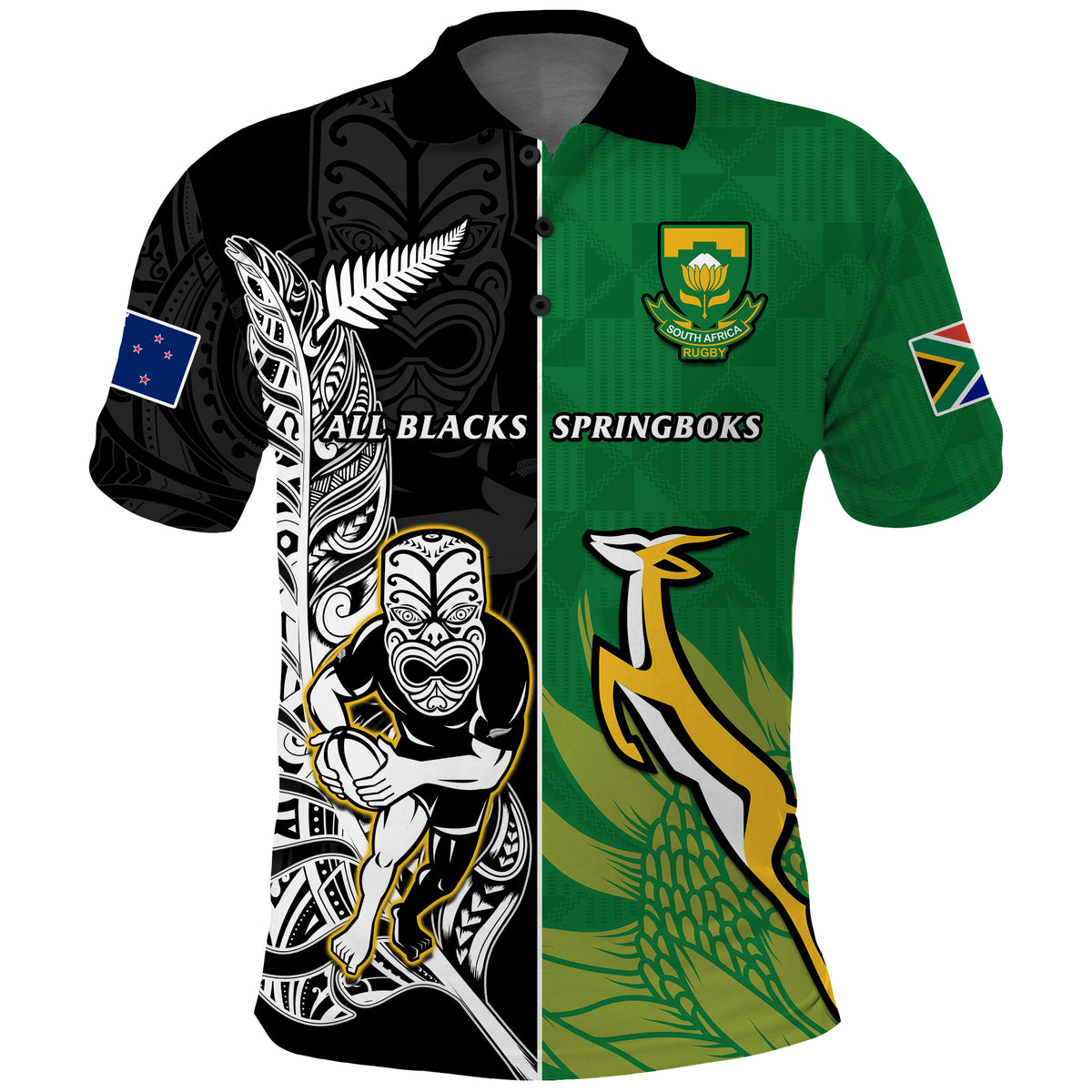 Custom New Zealand South Africa Rugby Polo Shirt All Black Maori Mix Springboks - Wonder Print Shop