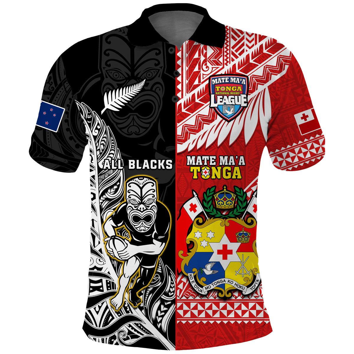 Custom Mate Maa Tonga All Black Rugby Polo Shirt Polynesian Mix NZ Maori Fern - Wonder Print Shop