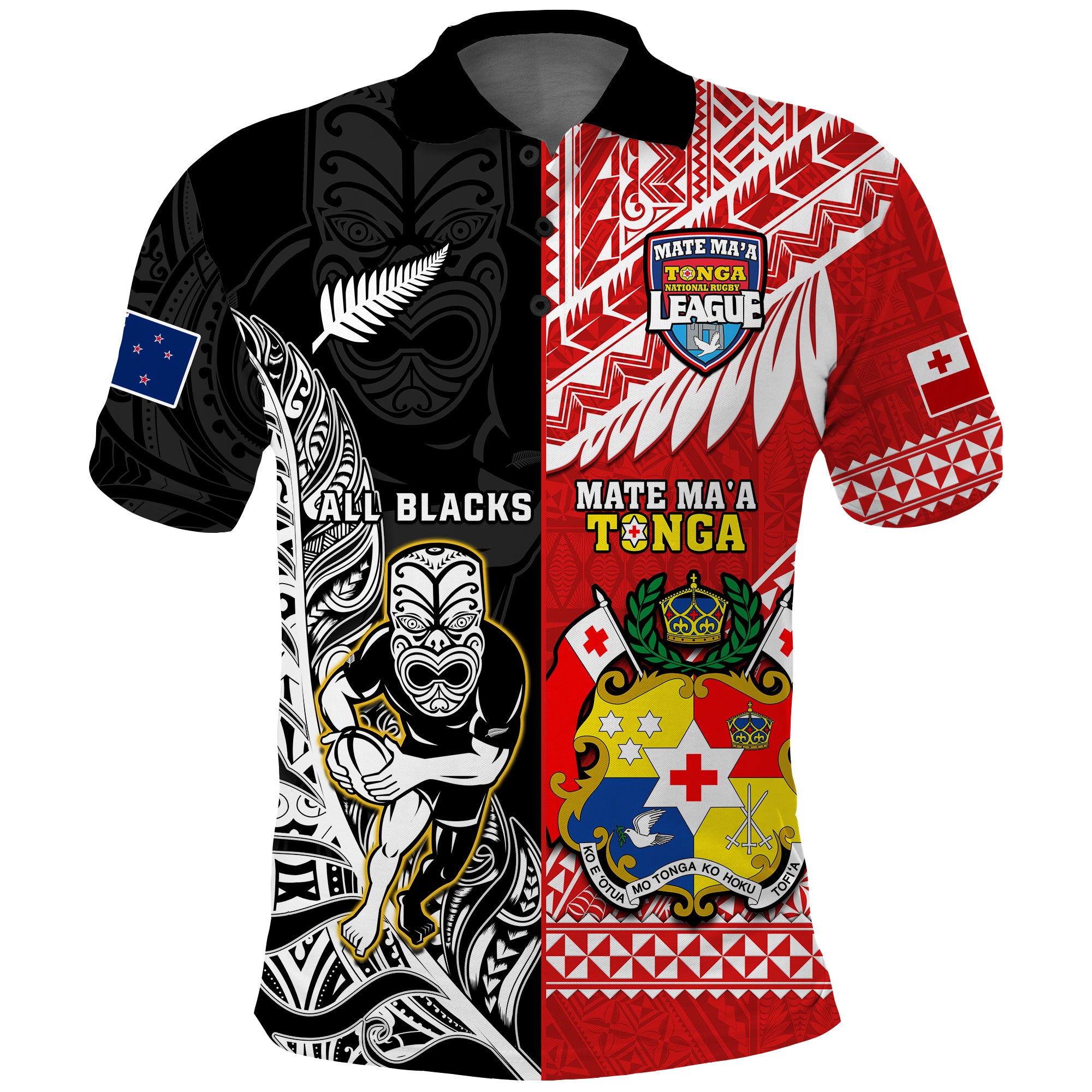 Custom Mate Maa Tonga All Black Rugby Polo Shirt Polynesian Mix NZ Maori Fern - Wonder Print Shop