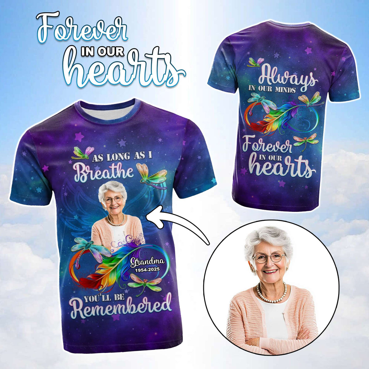 Custom Photo Memorial T Shirt As Long As I Breathe You'll Be Remembered | Wonder Print Shop