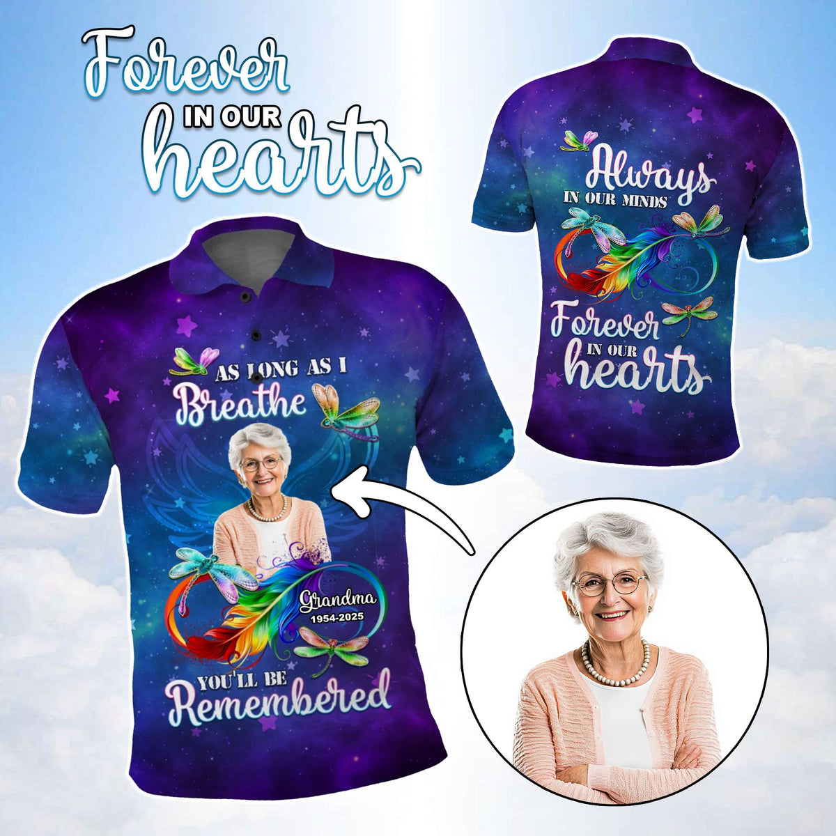 Custom Photo Memorial Polo Shirt As Long As I Breathe You'll Be Remembered