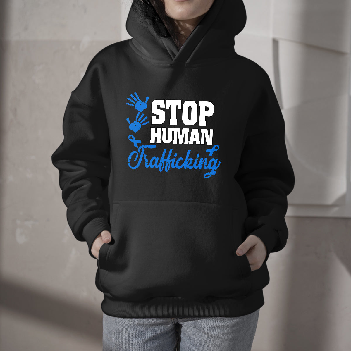 Stop Human Trafficking Blue Ribbon, Awareness Hoodie - Wonder Print Shop