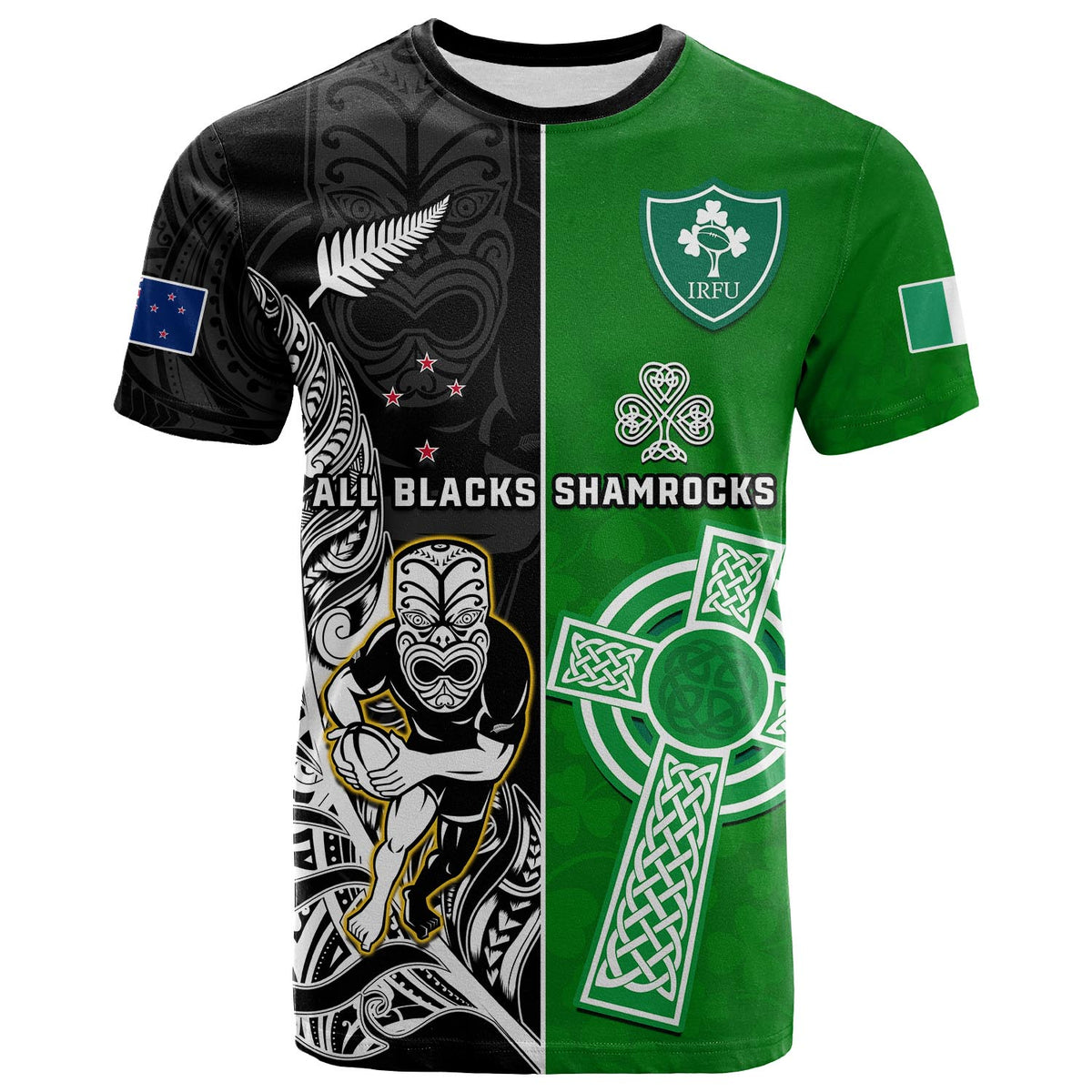 Custom New Zealand And Ireland Rugby T Shirt All Black Maori Mix Shamrocks - Wonder Print Shop