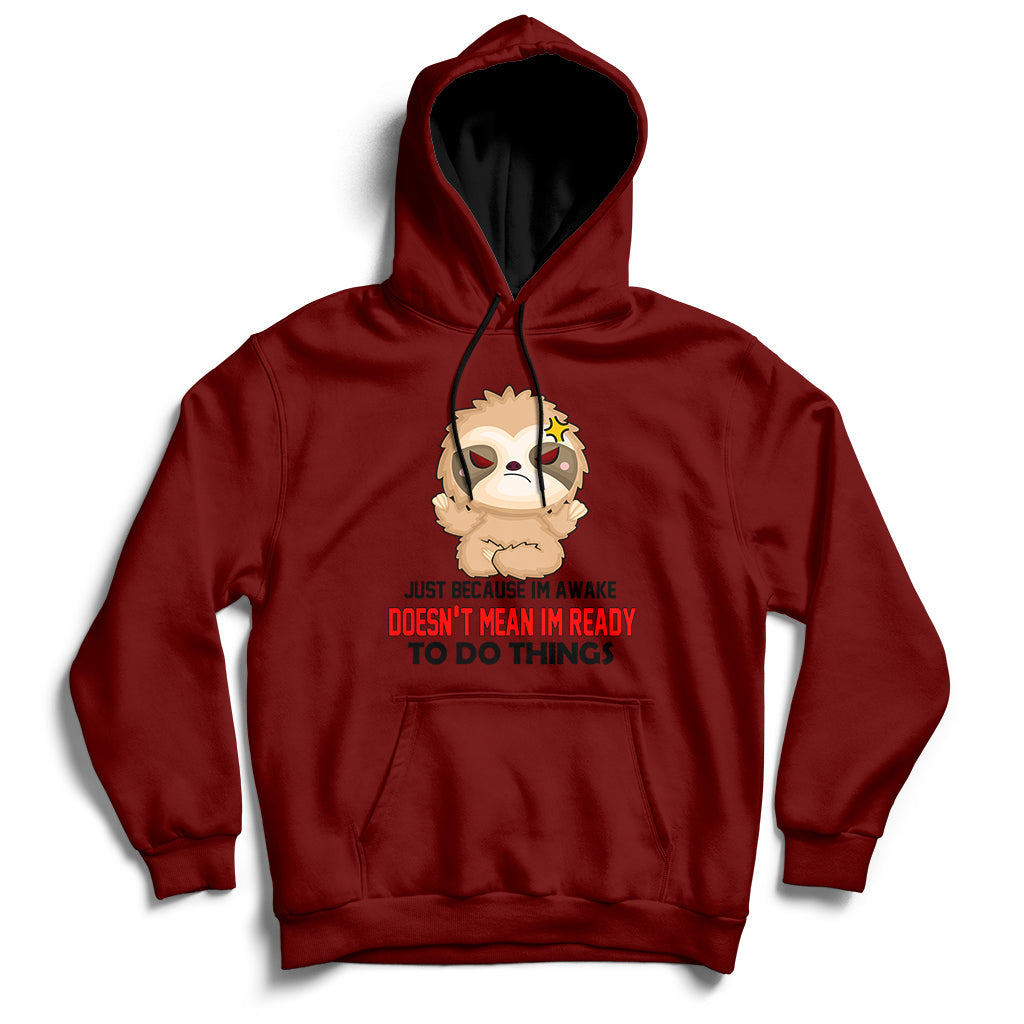 Maroon hoodie with front character graphic and slogan print on the chest.