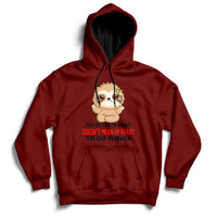 Maroon hoodie with front character graphic and slogan print on the chest.