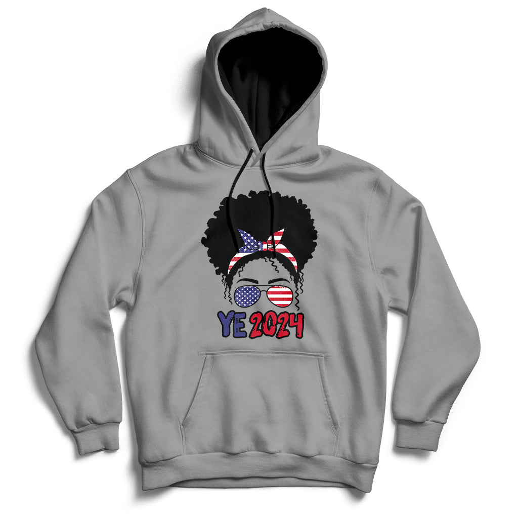 Gray hoodie with front pocket, drawstring hood, and “YE 2024” messy-bun graphic