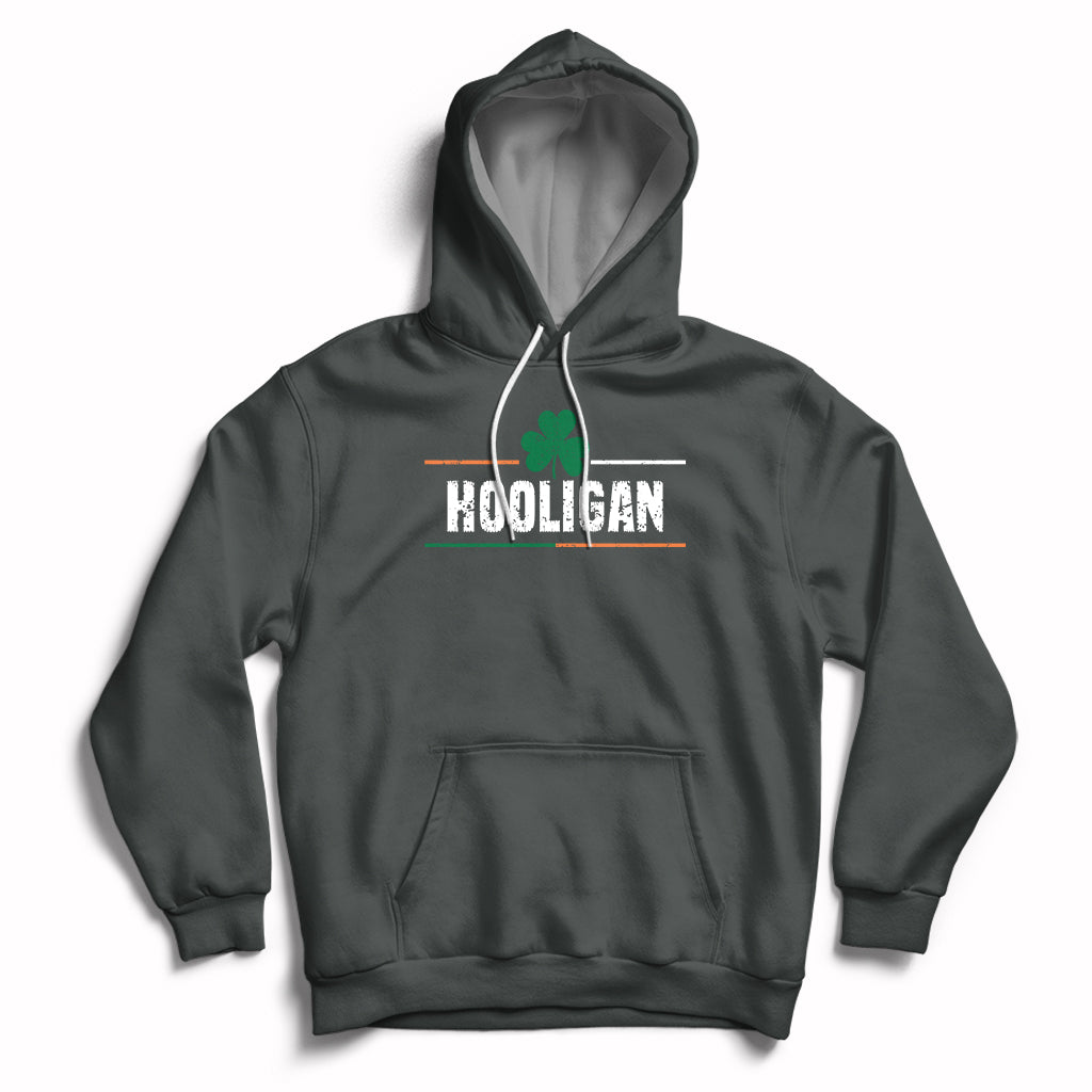 Dark heather gray hoodie with hood, white drawstrings, HOOLIGAN clover chest graphic, kangaroo pocket