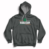 Dark heather gray hoodie with hood, white drawstrings, HOOLIGAN clover chest graphic, kangaroo pocket