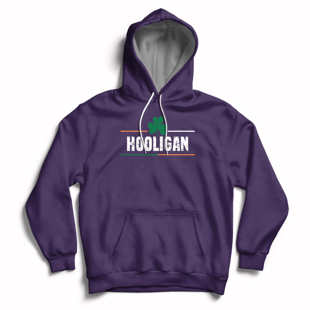 Purple hoodie with hood, white drawstrings, HOOLIGAN clover chest graphic, front kangaroo pocket