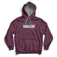 Maroon hoodie with hood, white drawstrings, HOOLIGAN clover chest graphic, front kangaroo pocket