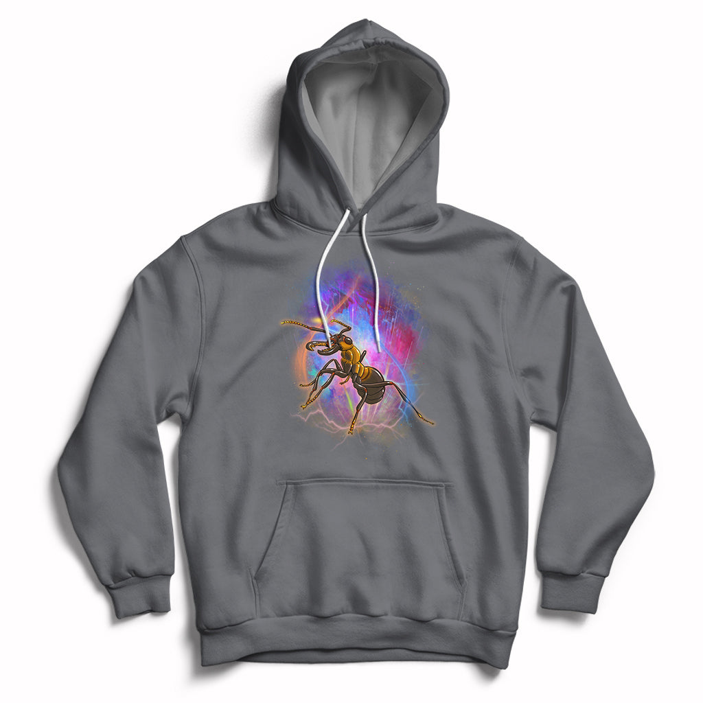 Charcoal gray hoodie with ant warrior graphic, front pocket, and drawstring hood.