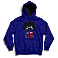 Navy hoodie with front pocket, drawstring hood, and “YE 2024” messy-bun graphic