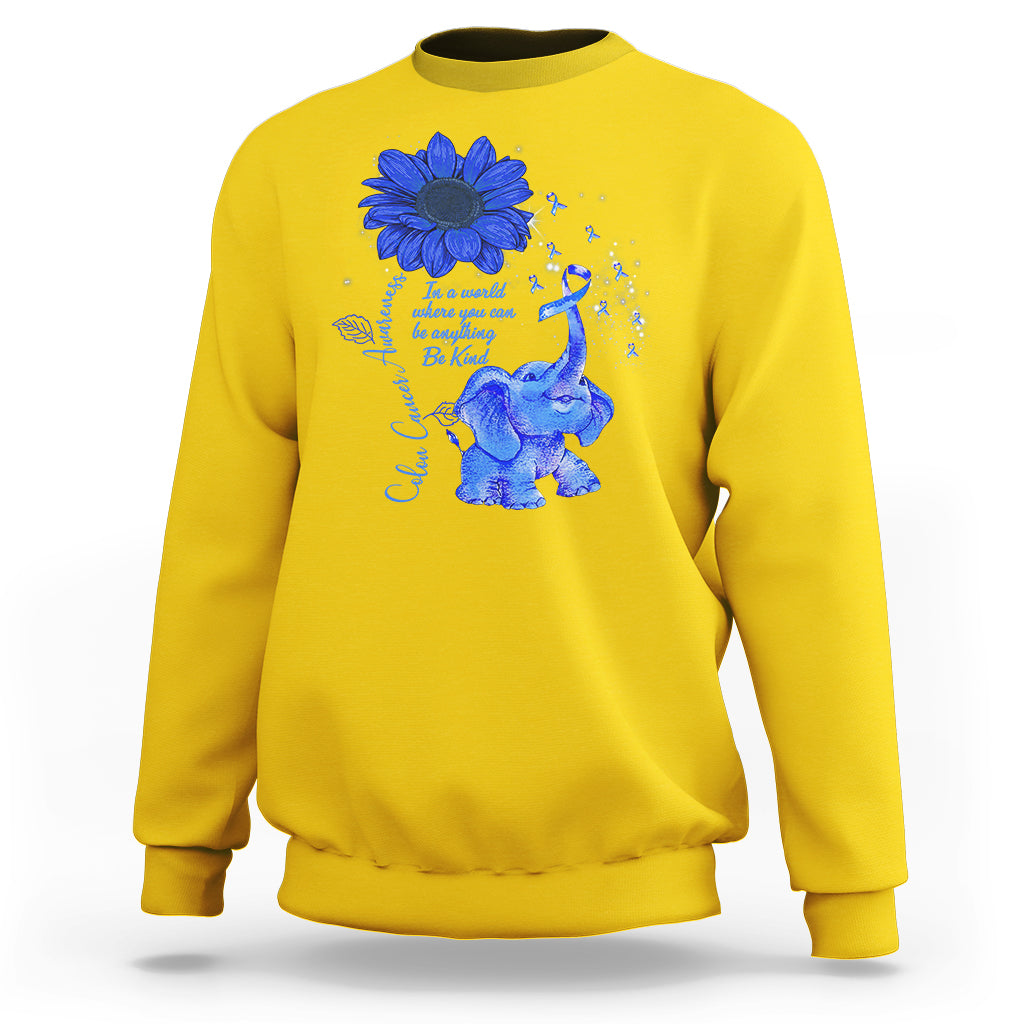 Colon Cancer Awareness CRC Sunflower Elephant Blue Ribbon Be Kind Sweatshirt - Wonder Print Shop