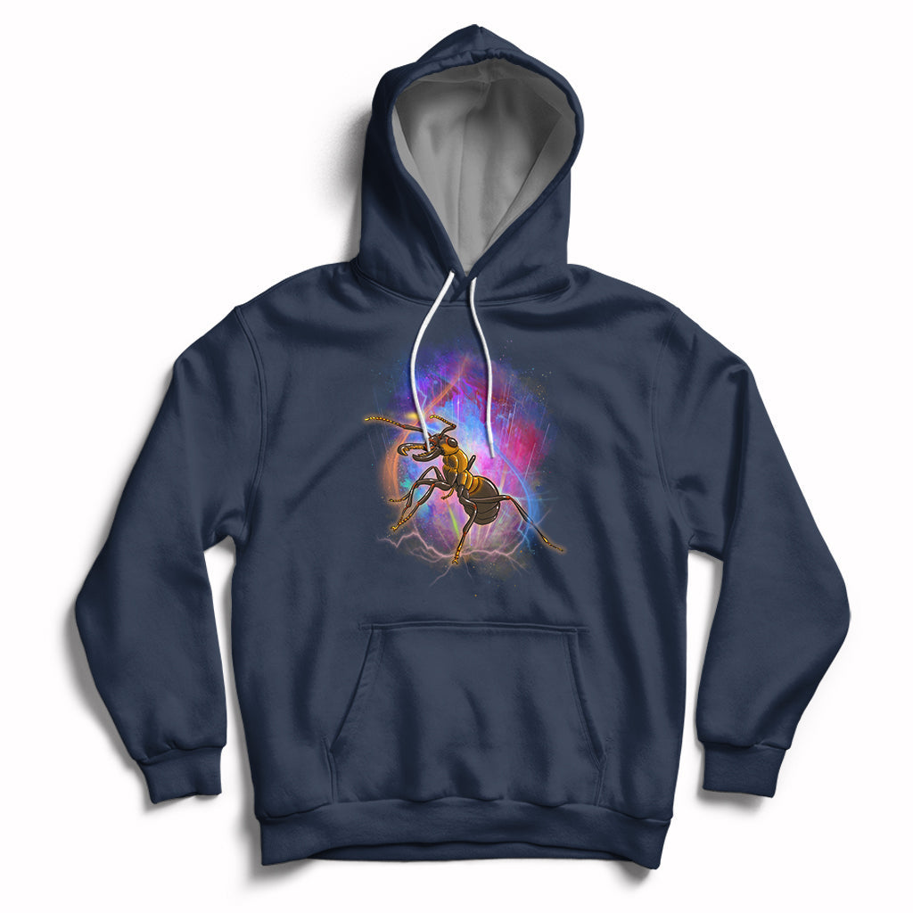 Navy hoodie with ant warrior graphic, front pocket, and drawstring hood.