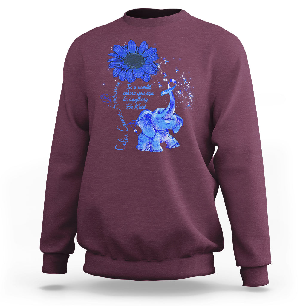 Colon Cancer Awareness CRC Sunflower Elephant Blue Ribbon Be Kind Sweatshirt - Wonder Print Shop