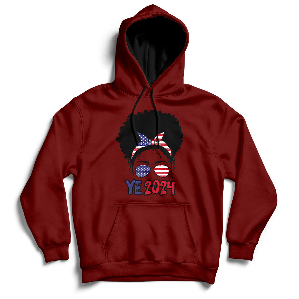 Maroon hoodie with front pocket, drawstring hood, and “YE 2024” messy-bun graphic