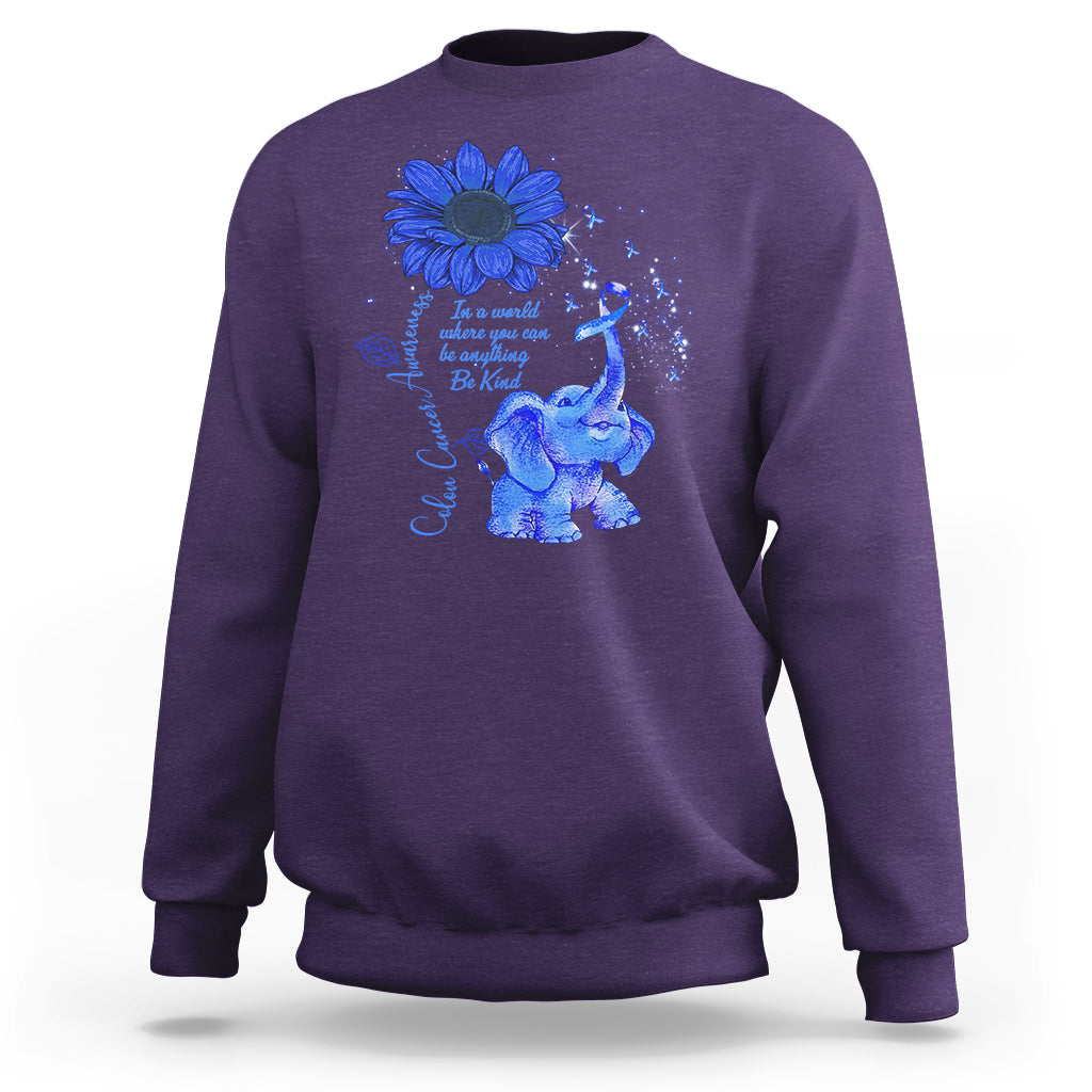 Colon Cancer Awareness CRC Sunflower Elephant Blue Ribbon Be Kind Sweatshirt - Wonder Print Shop