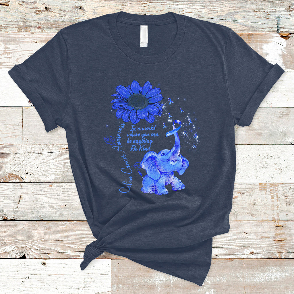 Navy T-shirt with blue elephant graphic, sunflower, and ribbon awareness design