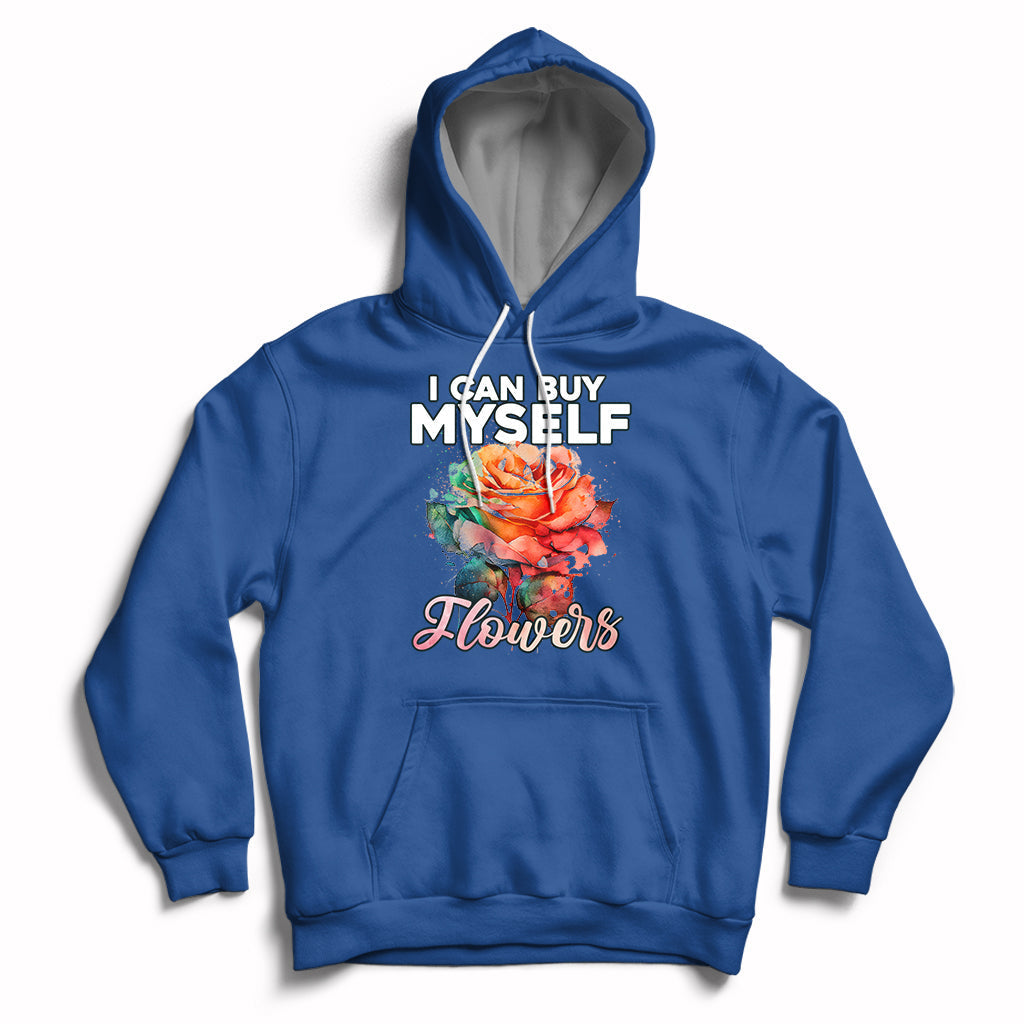 Royal blue hoodie with rose graphic and 'I CAN BUY MYSELF' plus 'Flowers' print.