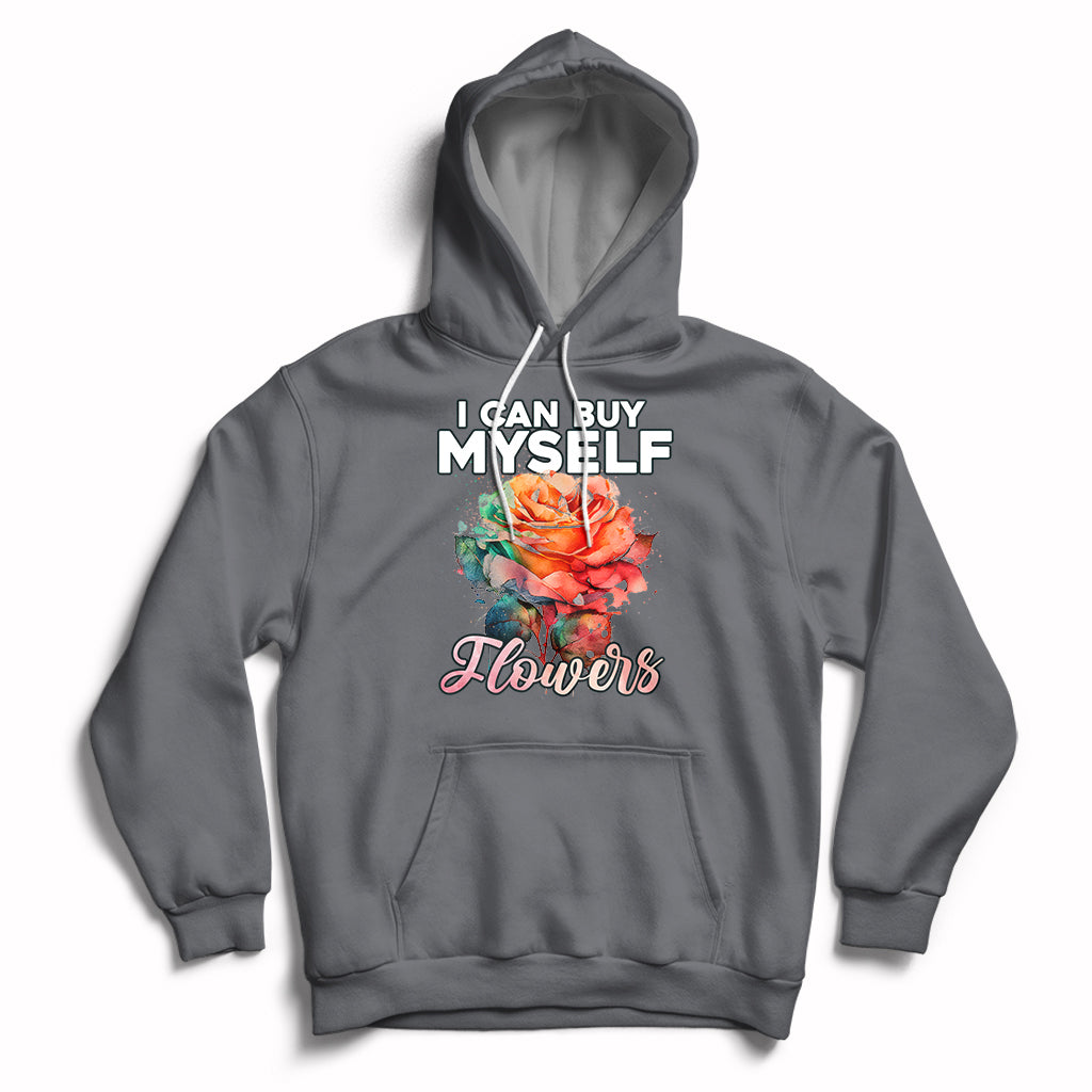 Navy hoodie with rose graphic and 'I CAN BUY MYSELF' plus 'Flowers' print.
