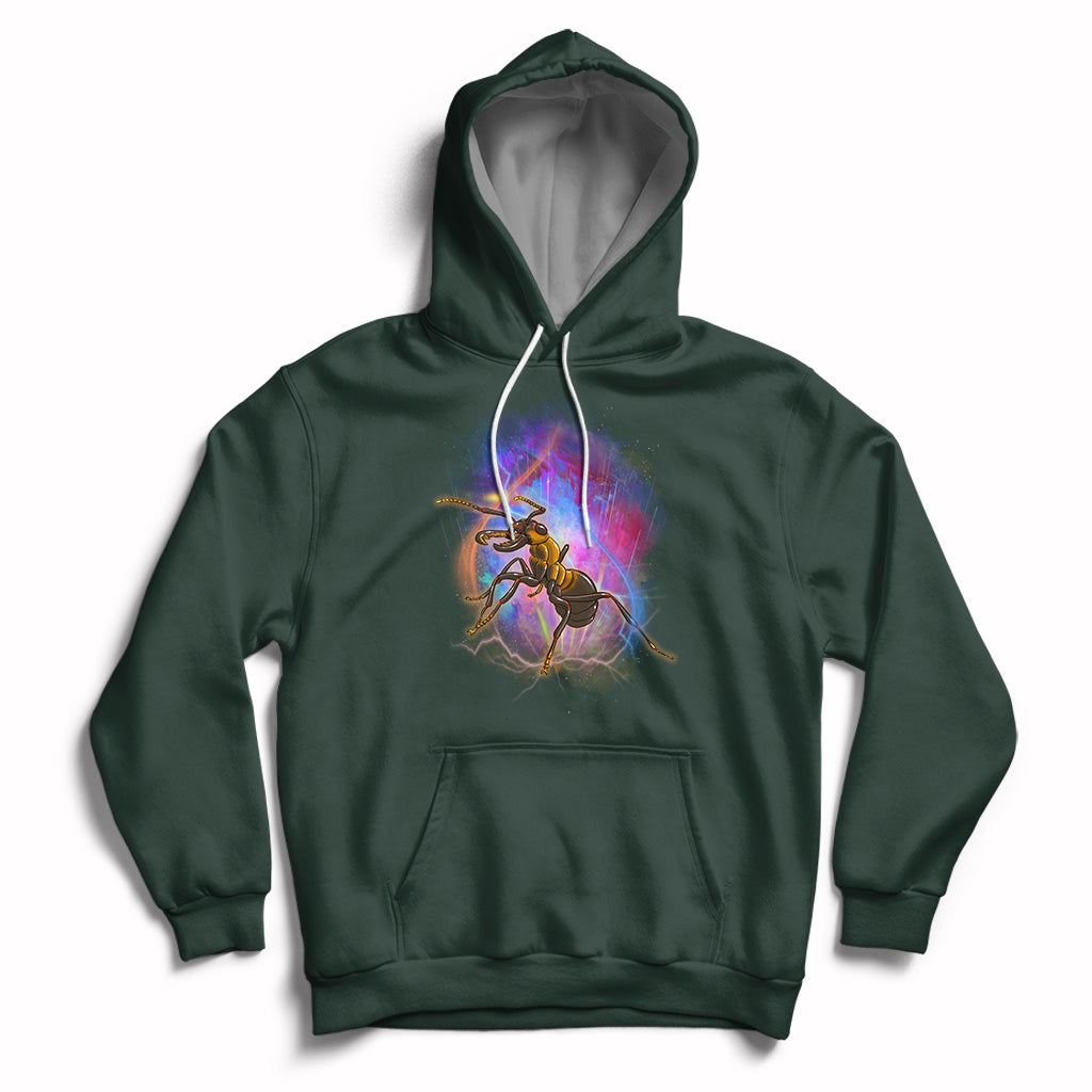 Forest green hoodie with ant warrior graphic, front pocket, and drawstring hood.