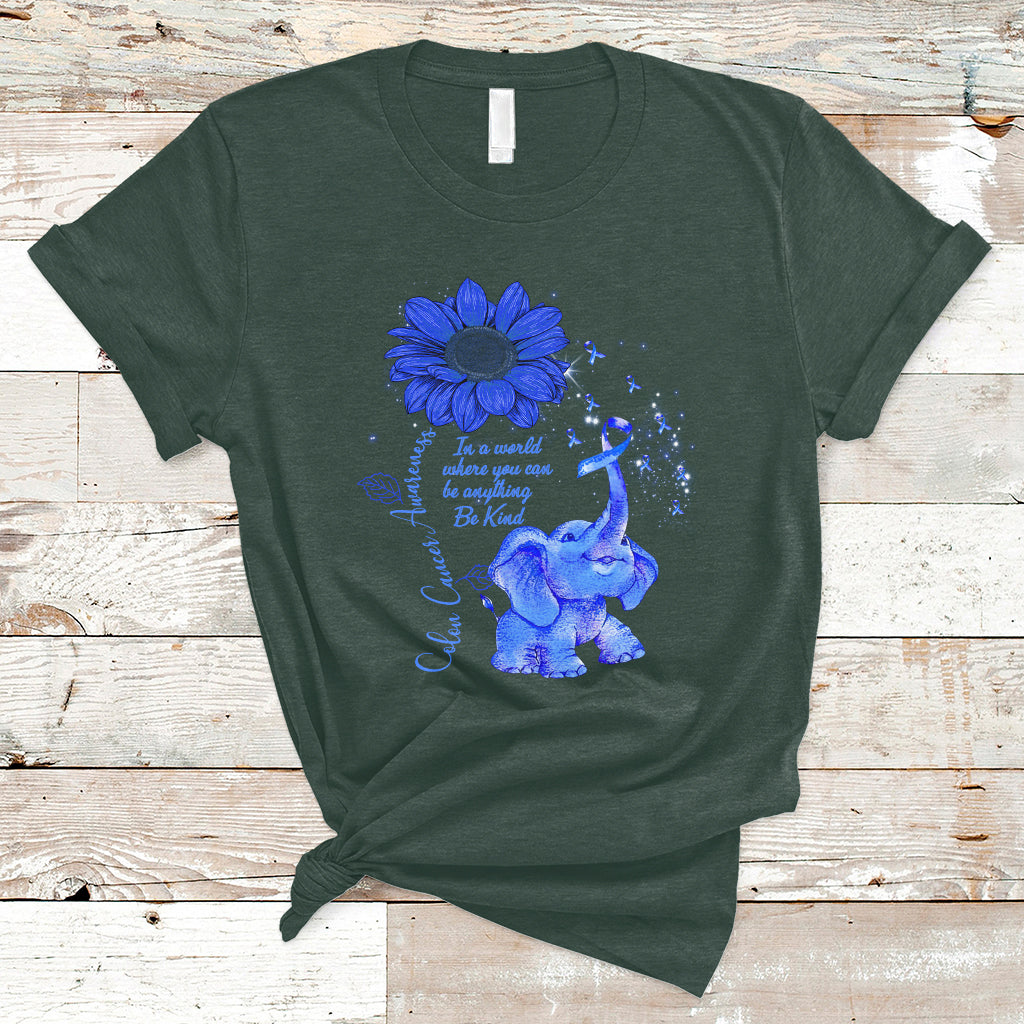 Forest green T-shirt with blue elephant graphic, sunflower, and ribbon awareness design