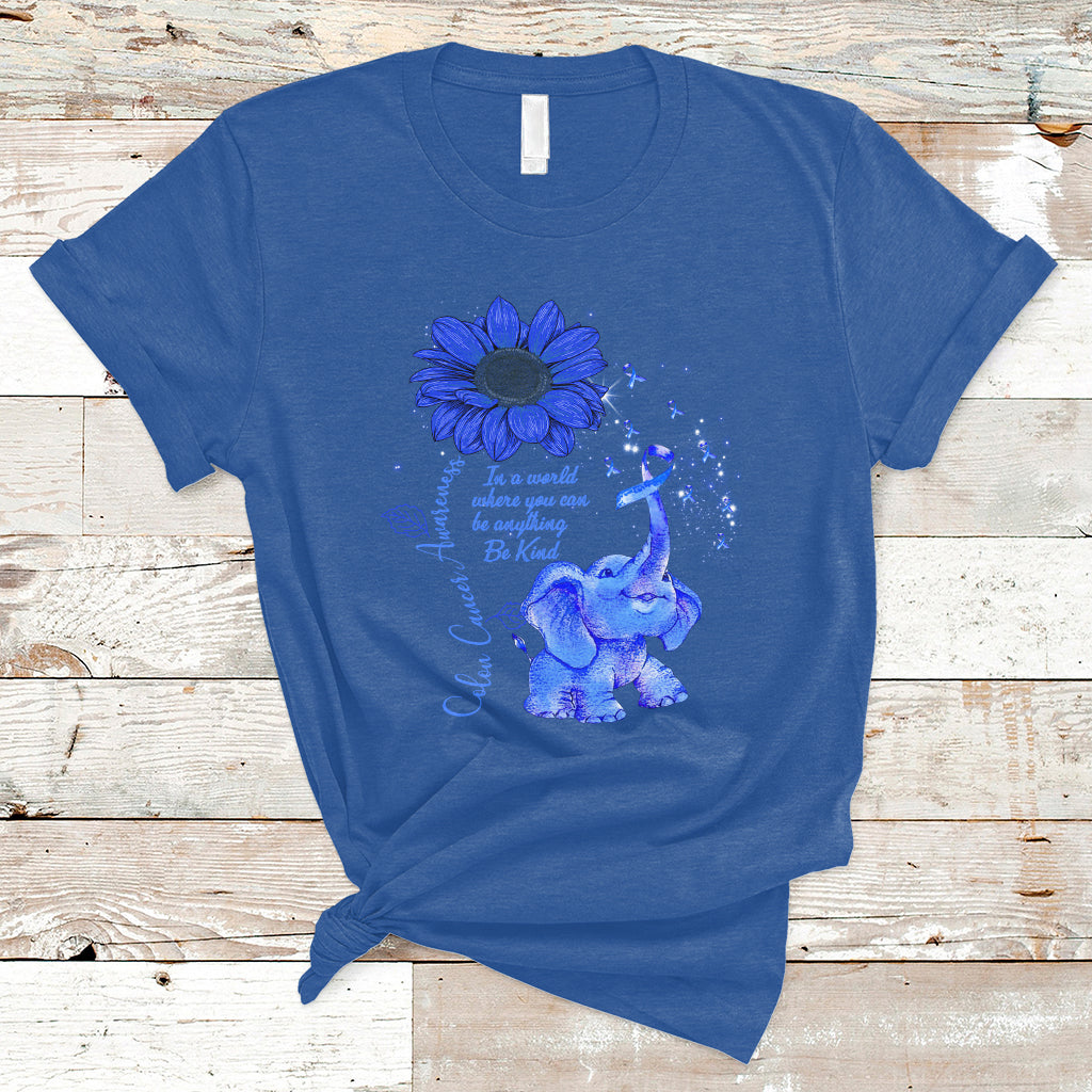 Royal blue T-shirt with blue elephant graphic, sunflower, and ribbon awareness design