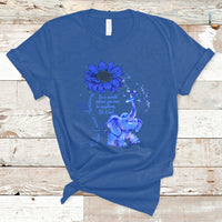 Royal blue T-shirt with blue elephant graphic, sunflower, and ribbon awareness design