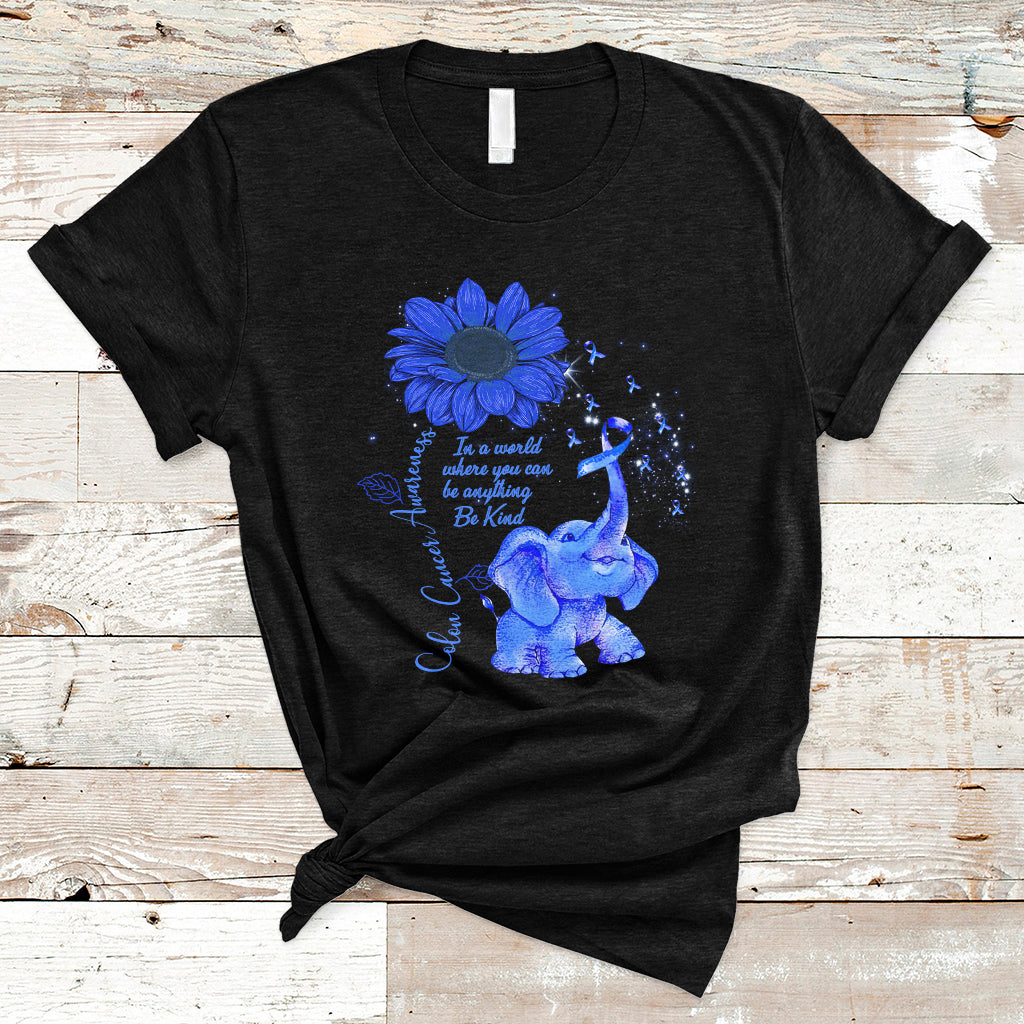 Colon Cancer Awareness CRC Sunflower Elephant Blue Ribbon Be Kind T Shirt - Wonder Print Shop