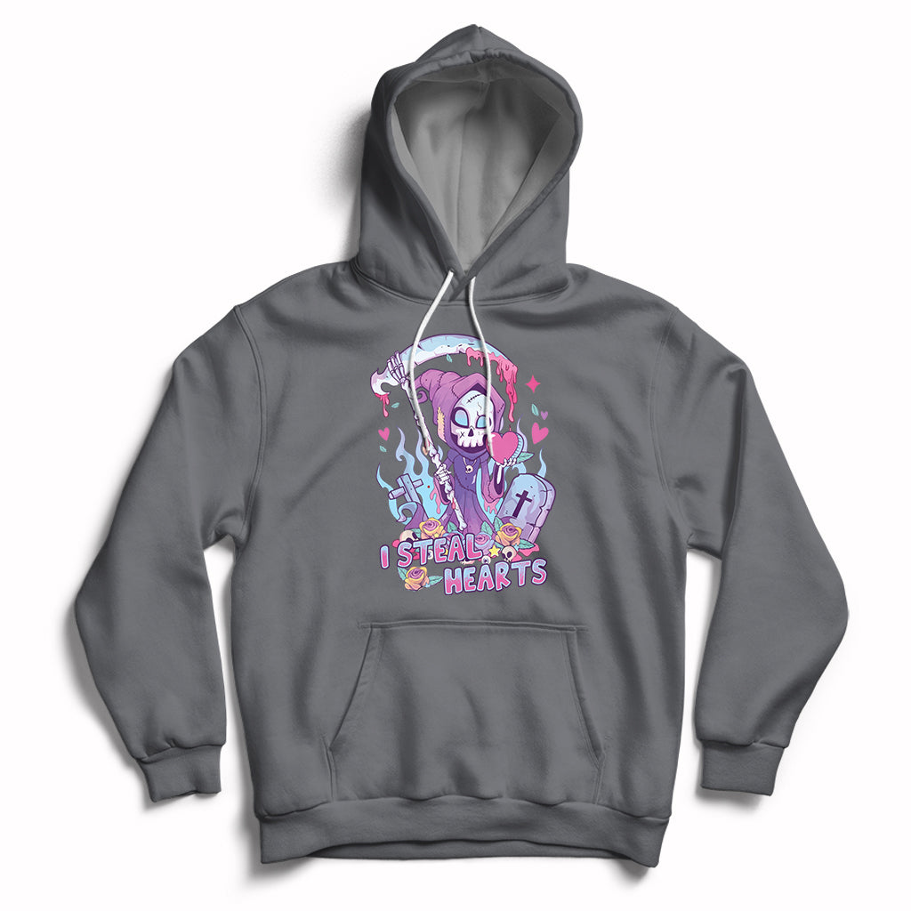 Charcoal gray graphic hoodie with skull and heart design, pullover hood, and front kangaroo pocket