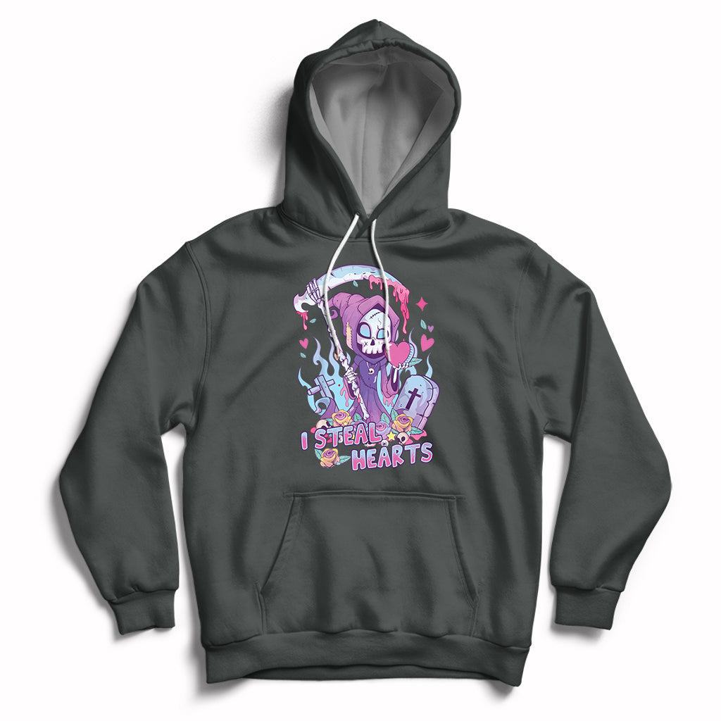 Dark gray graphic hoodie with skull and heart design, pullover hood, and front kangaroo pocket