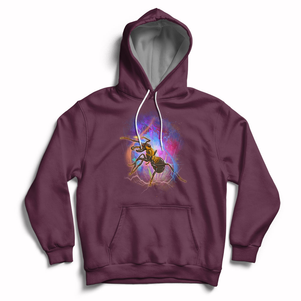 Maroon hoodie with ant warrior graphic, front pocket, and drawstring hood.