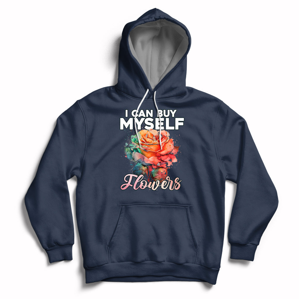 Dark navy hoodie with rose graphic and 'I CAN BUY MYSELF' plus 'Flowers' print.